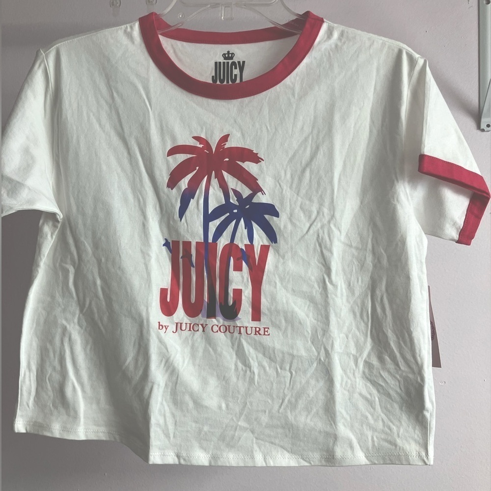 Juicy Couture Women’s T Shirt, Size S, Cropped, White/Pink/Blue